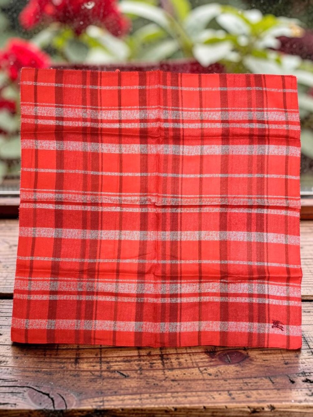 New Never worn Burberry Neck-kerchief 19.5" red black gray check embroidered(95 - Picture 12 of 12